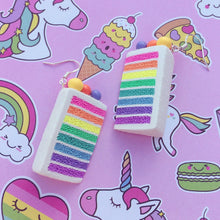 Load image into Gallery viewer, Rainbow cake slice polymer clay earrings
