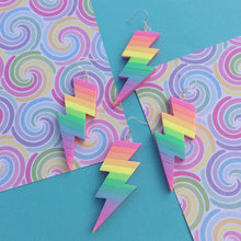 Load image into Gallery viewer, Rainbow striped lightning bolt polymer clay earrings
