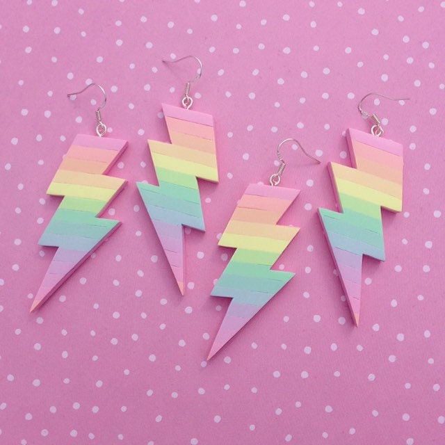 Rainbow striped lightning bolt polymer clay earrings