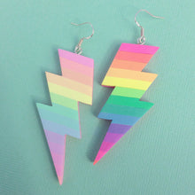 Load image into Gallery viewer, Rainbow striped lightning bolt polymer clay earrings
