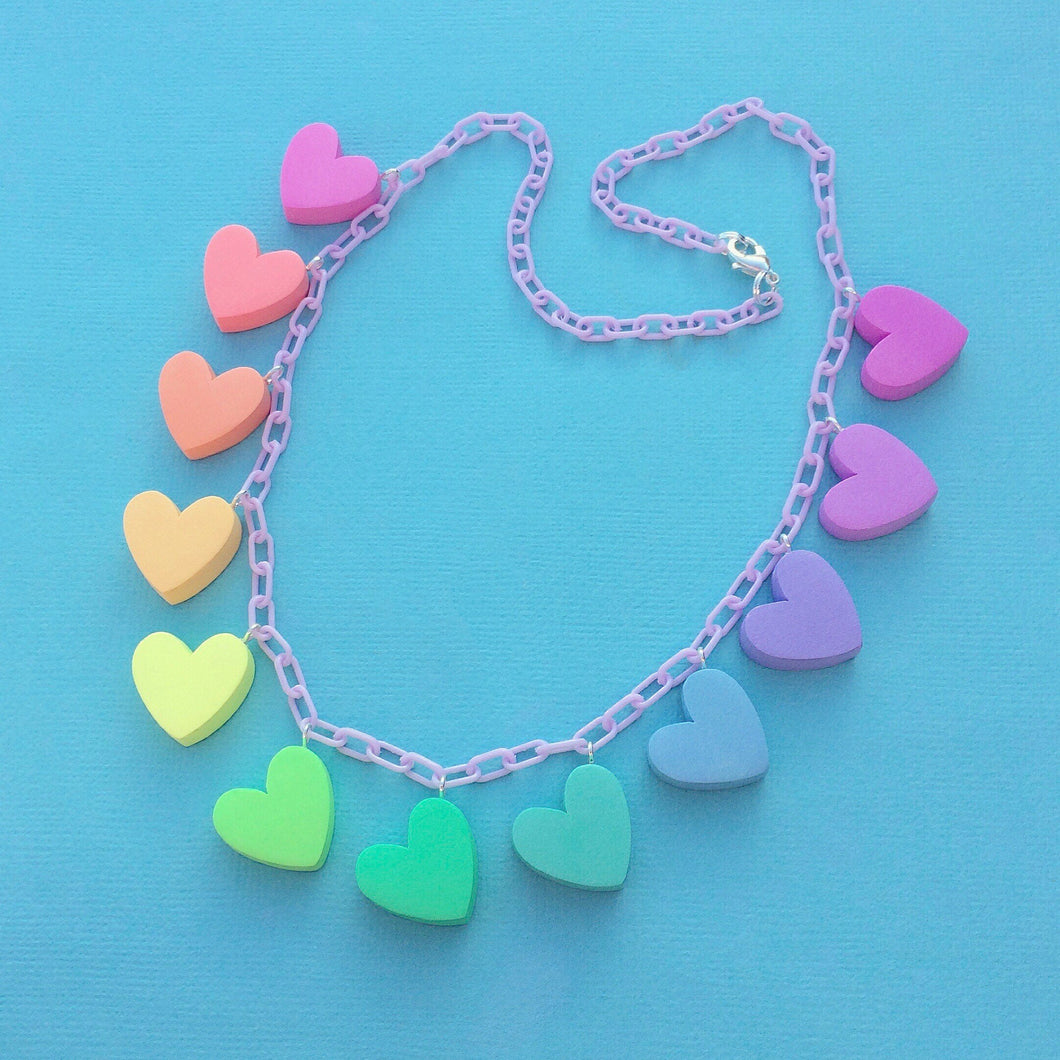 Rainbow heart polymer clay charm necklace