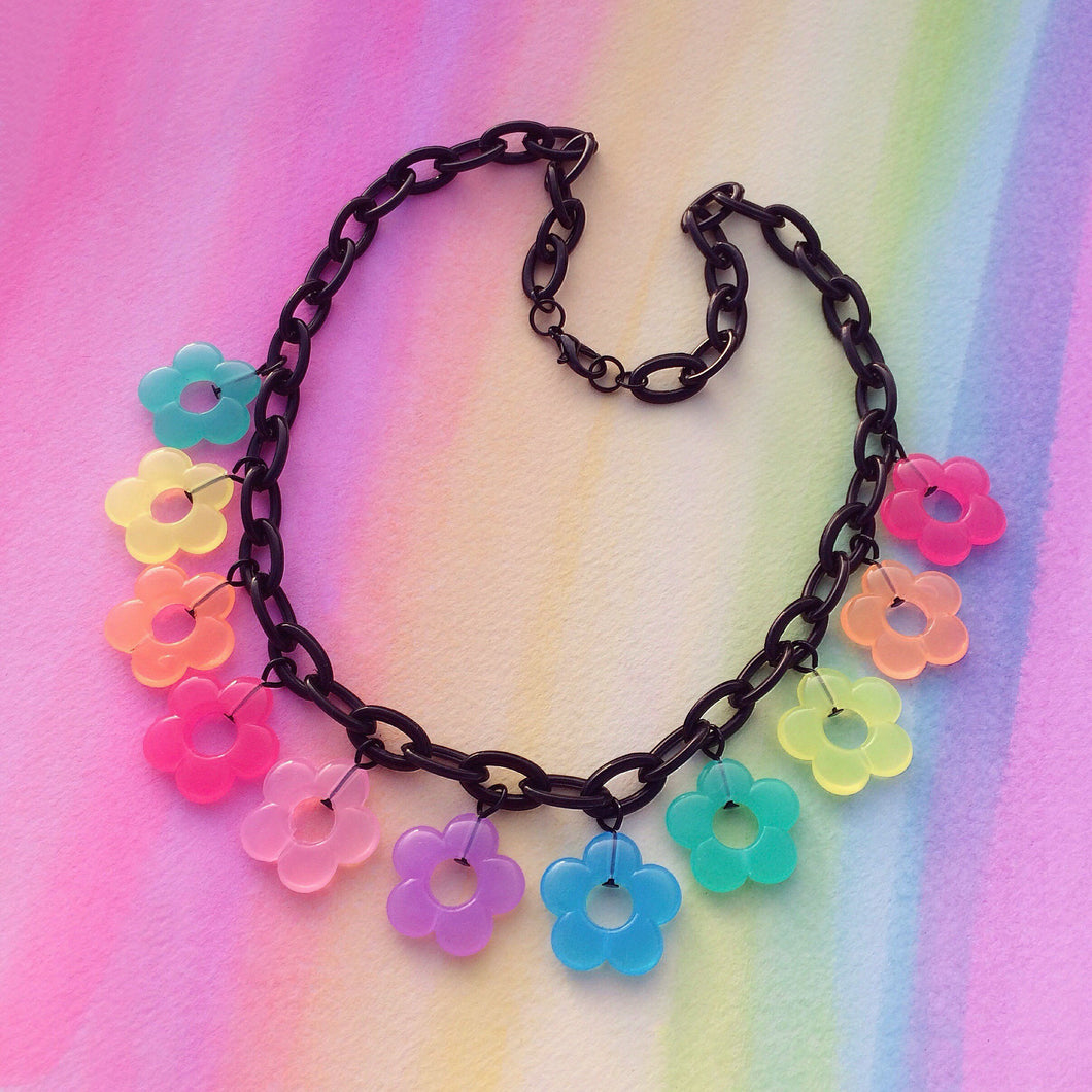 Black plastic chain choker necklace with rainbow flower beads