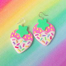 Load image into Gallery viewer, Pink or red frosted strawberry polymer clay earrings
