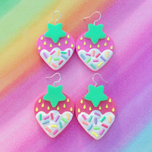 Load image into Gallery viewer, Pink or red frosted strawberry polymer clay earrings

