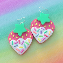 Load image into Gallery viewer, Pink or red frosted strawberry polymer clay earrings
