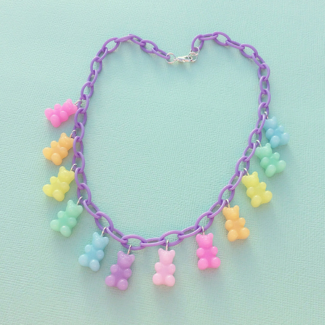 Pastel rainbow resin gummy bear charm necklace