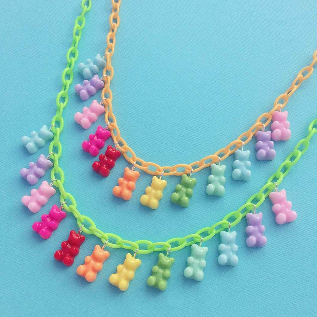 Solid rainbow resin gummy bear charm necklace