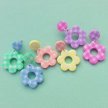 Load image into Gallery viewer, Colourful gingham polymer clay flower stud earrings
