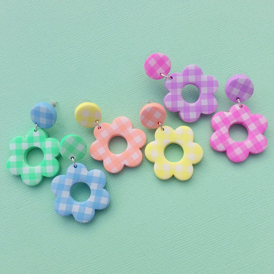 Colourful gingham polymer clay flower stud earrings