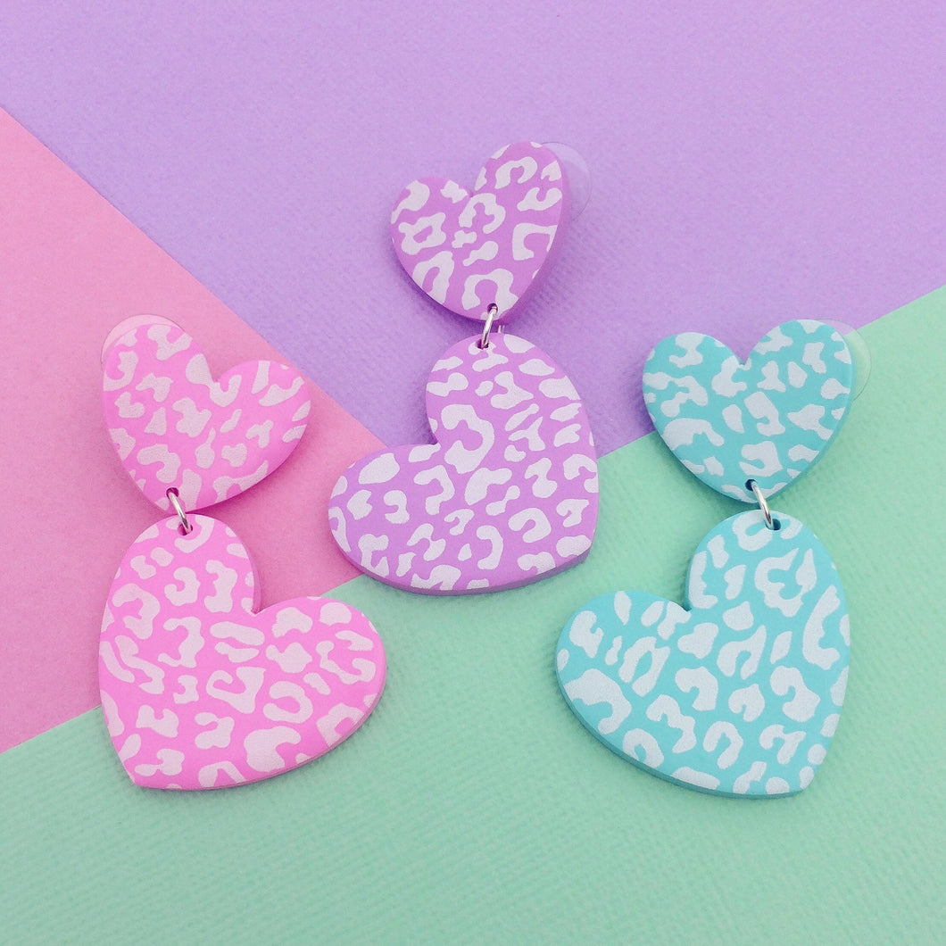 Pastel leopard print heart polymer clay stud earrings