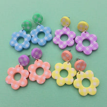 Load image into Gallery viewer, Colourful gingham polymer clay flower stud earrings
