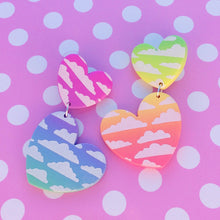 Load image into Gallery viewer, Rainbow ombré cloud print heart polymer clay stud earrings
