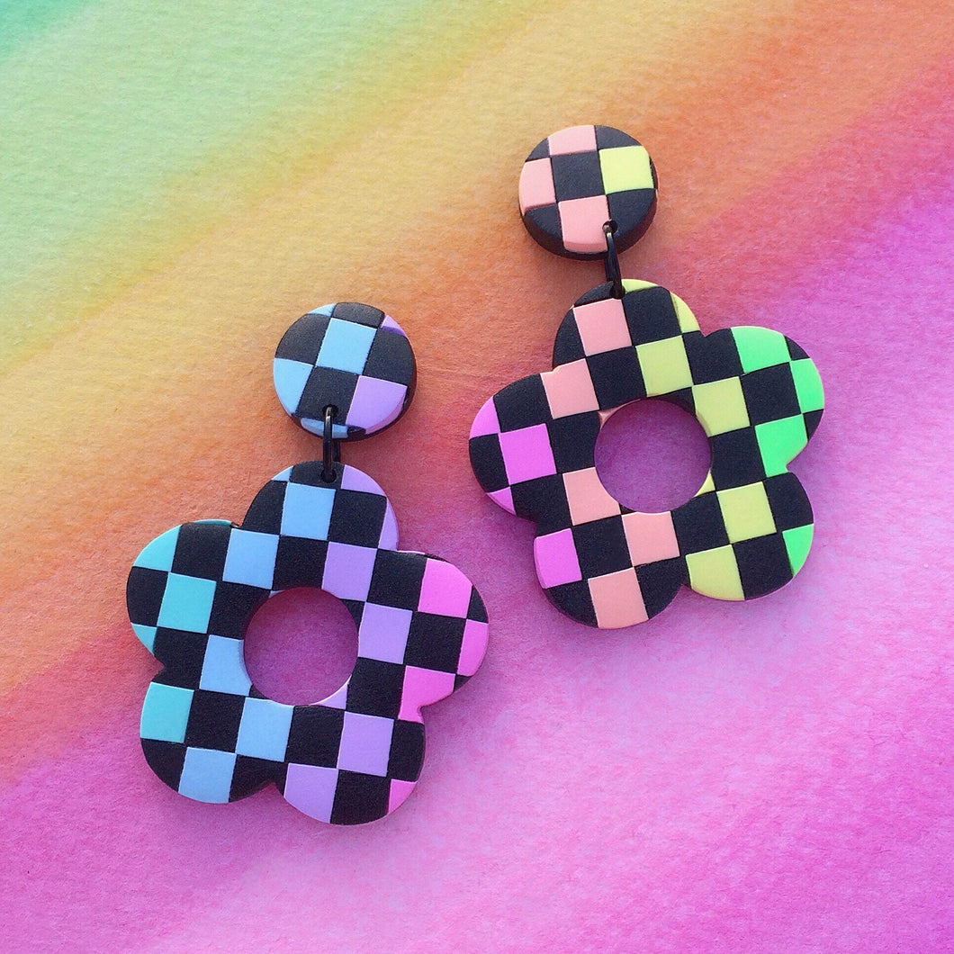 Black and rainbow checked flower polymer clay stud earrings