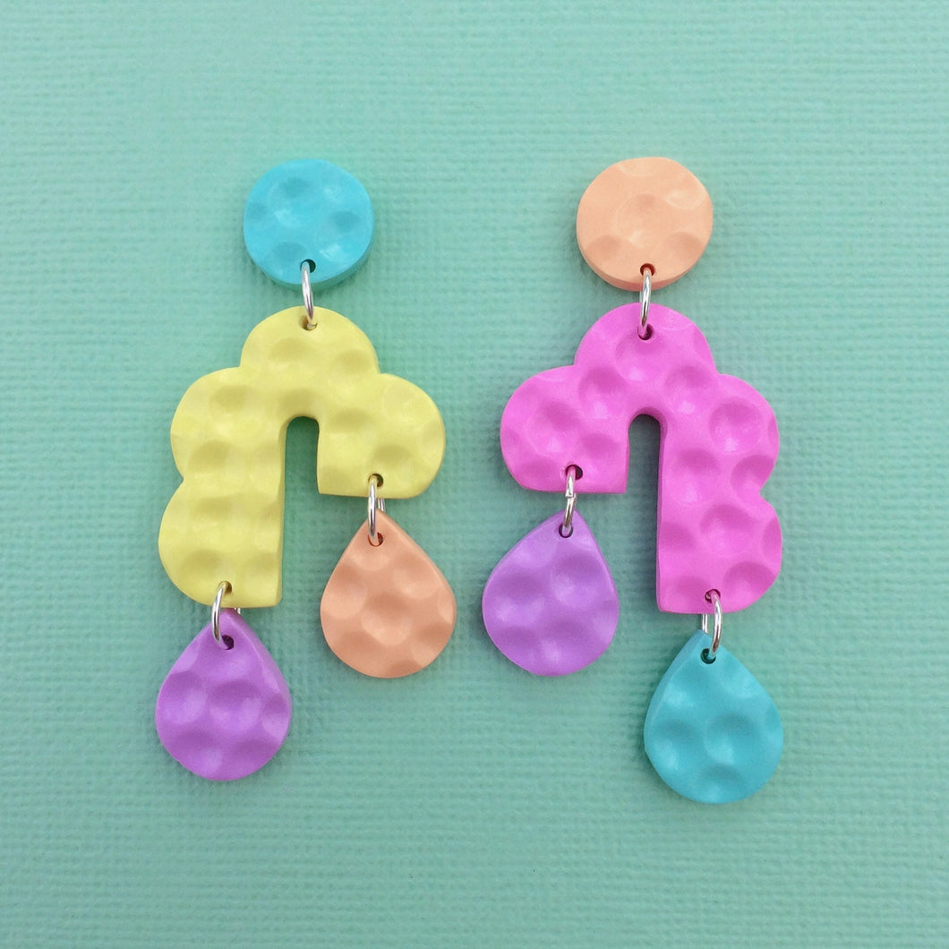 Colourful textured geometric scalloped teardrop stud earrings