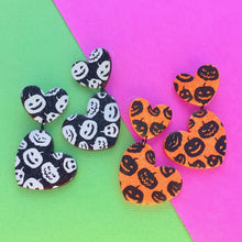 Load image into Gallery viewer, Black and white pumpkin print heart polymer clay stud earrings
