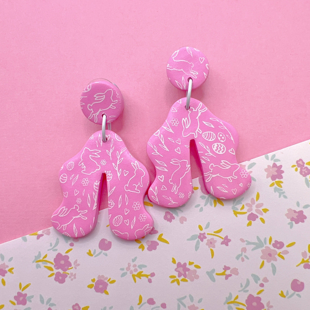 Pink and white bunny print arch polymer clay stud earrings