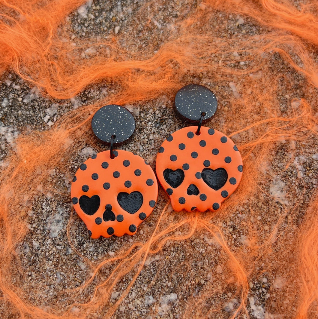 Orange and black kawaii skull polymer clay stud earrings