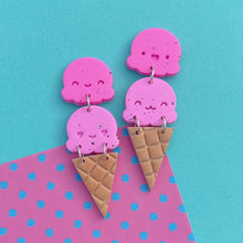 Load image into Gallery viewer, Pink icecream scoop stud earrings with kawaii faces
