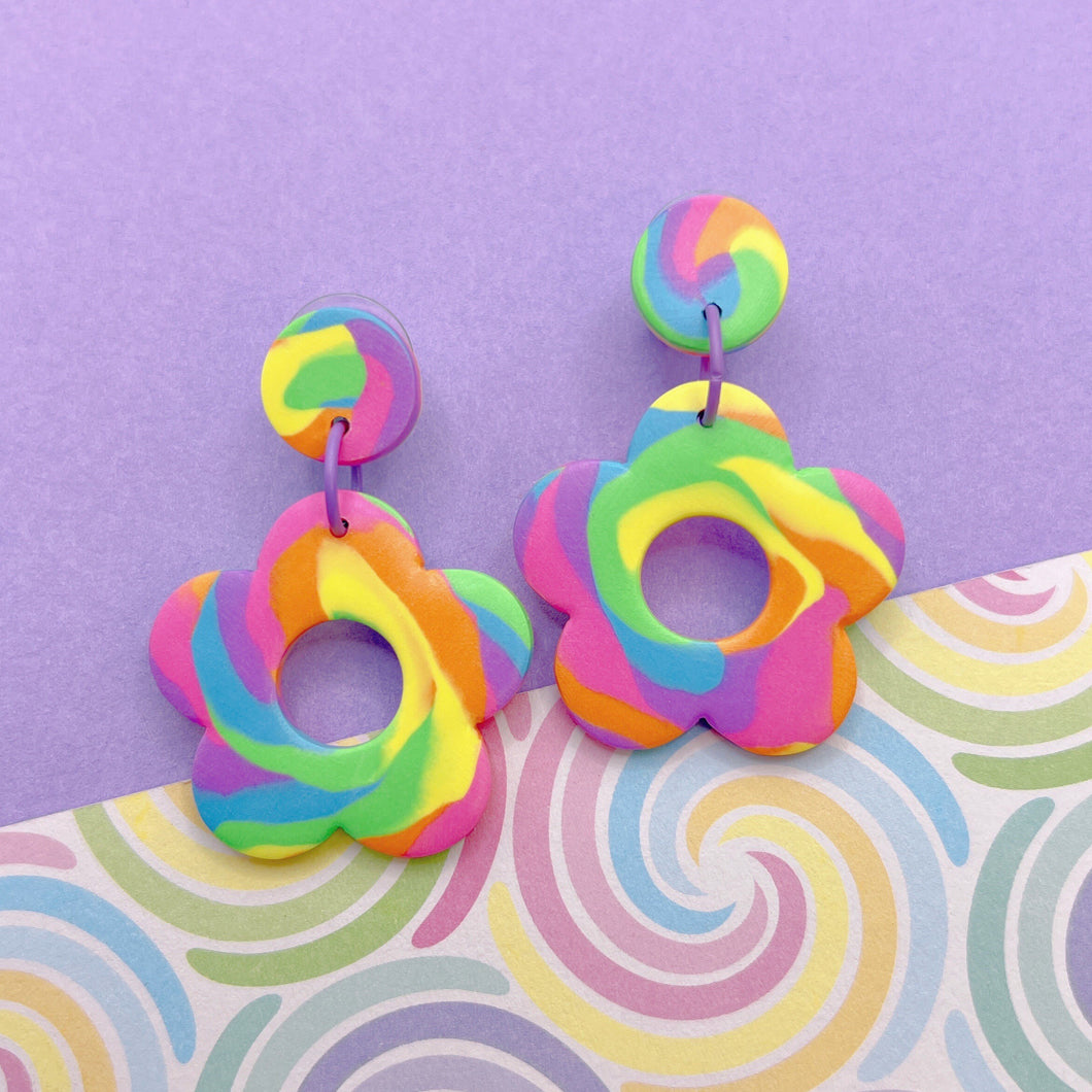 Bright rainbow swirl flower polymer clay stud earrings