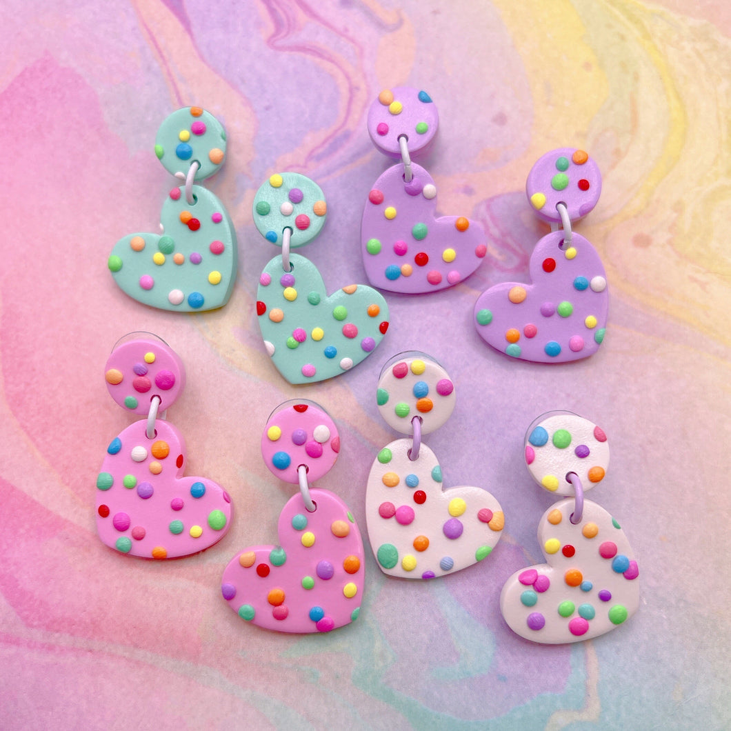 Rainbow polka dot heart shaped polymer clay stud earrings