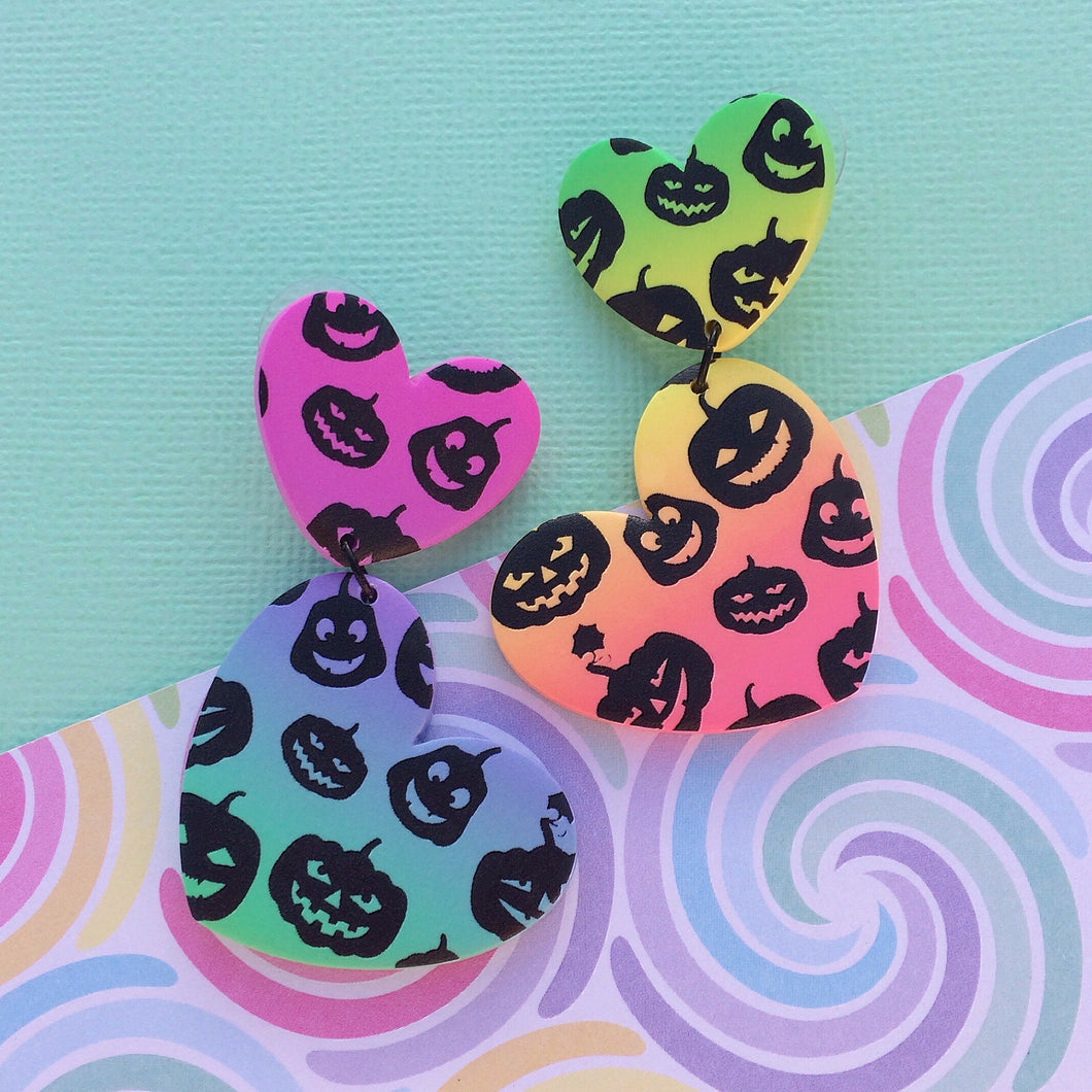 Black and rainbow pumpkin heart polymer clay stud earrings