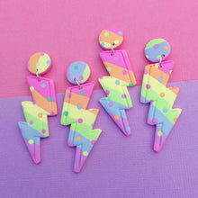 Load image into Gallery viewer, Rainbow polka dotted lightning bolt polymer clay stud earrings
