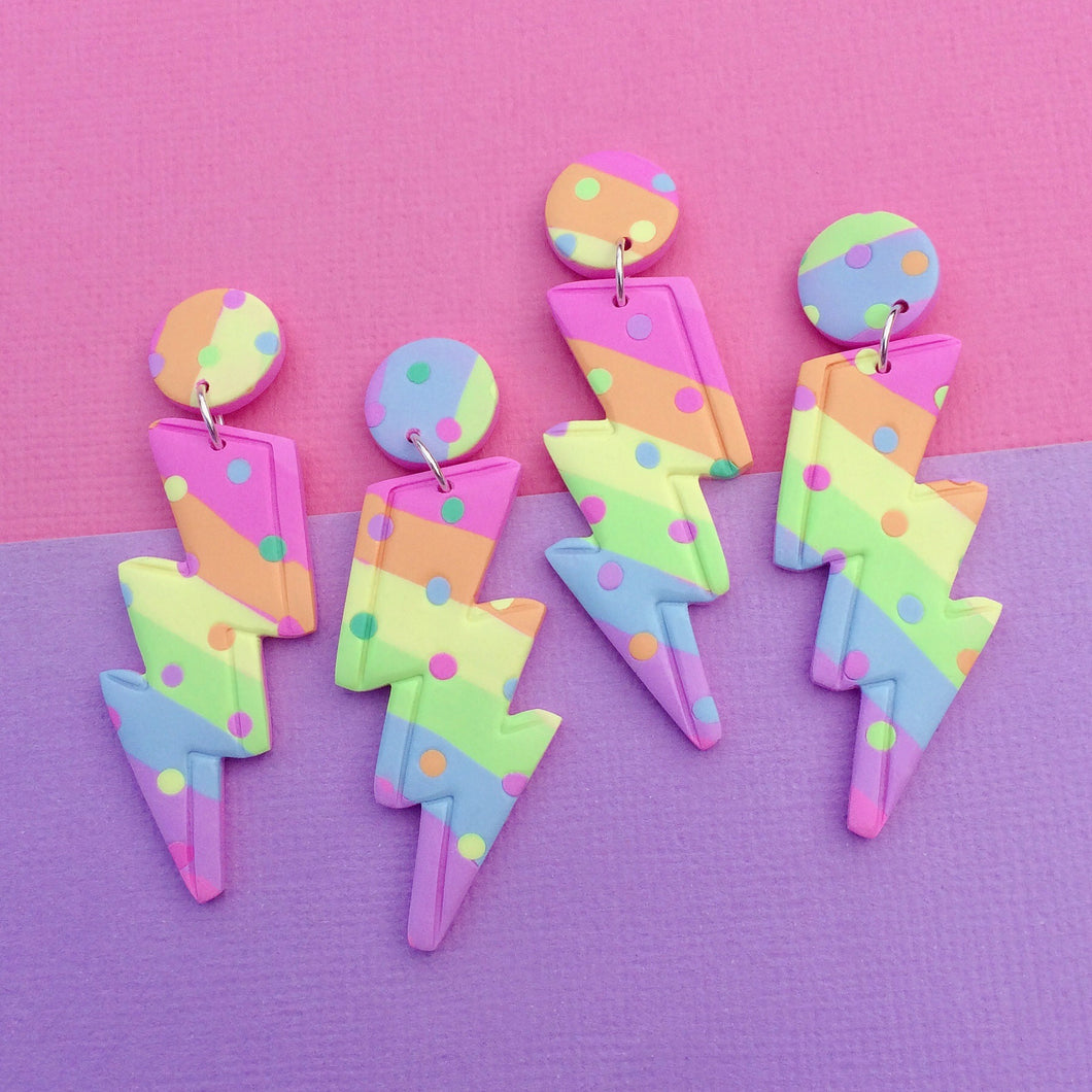 Rainbow polka dotted lightning bolt polymer clay stud earrings