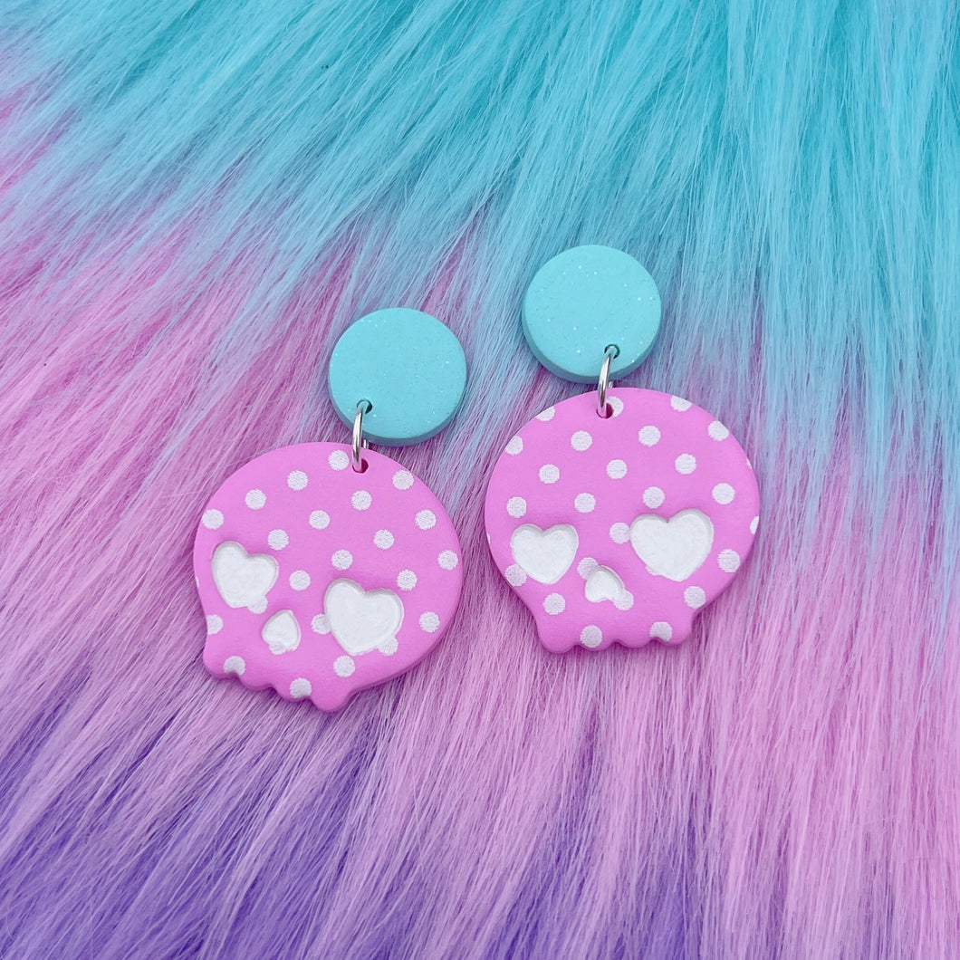 Pink and white kawaii skull polymer clay stud earrings