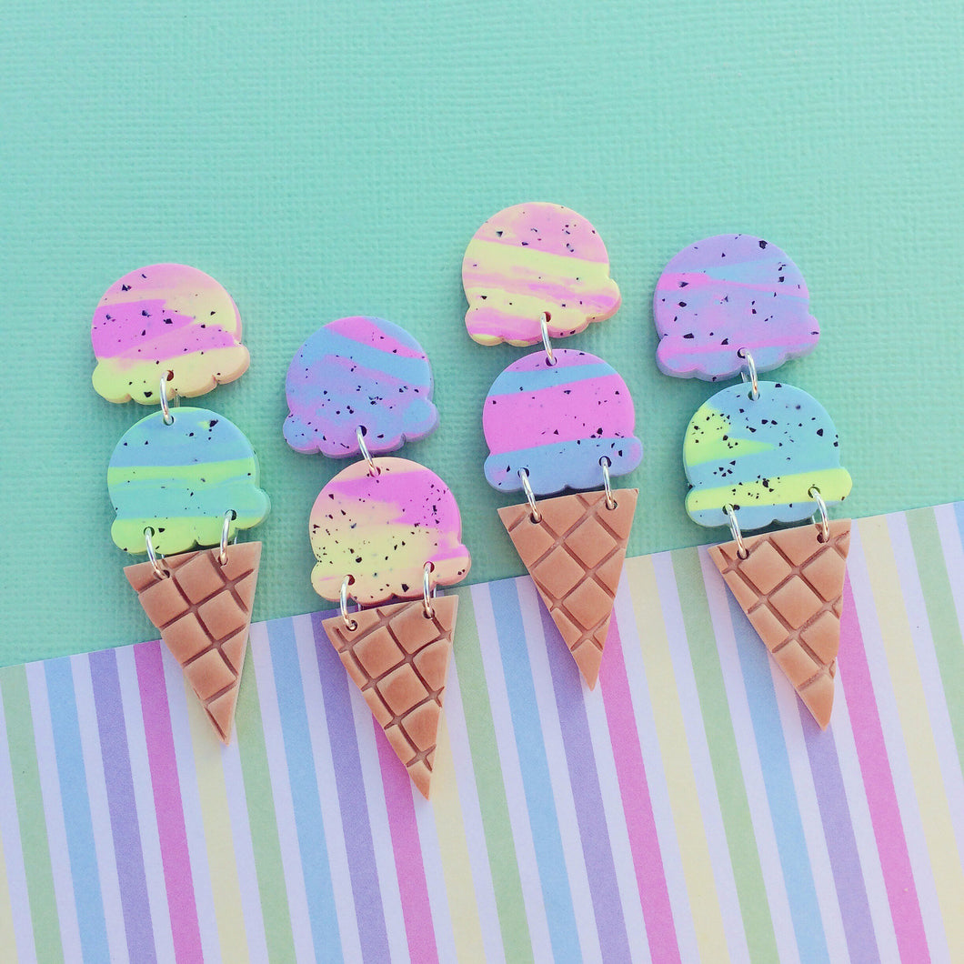 Speckled rainbow ice cream cone stud earrings