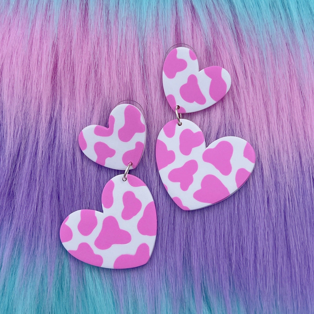 Pink and white cow print heart polymer clay stud earrings