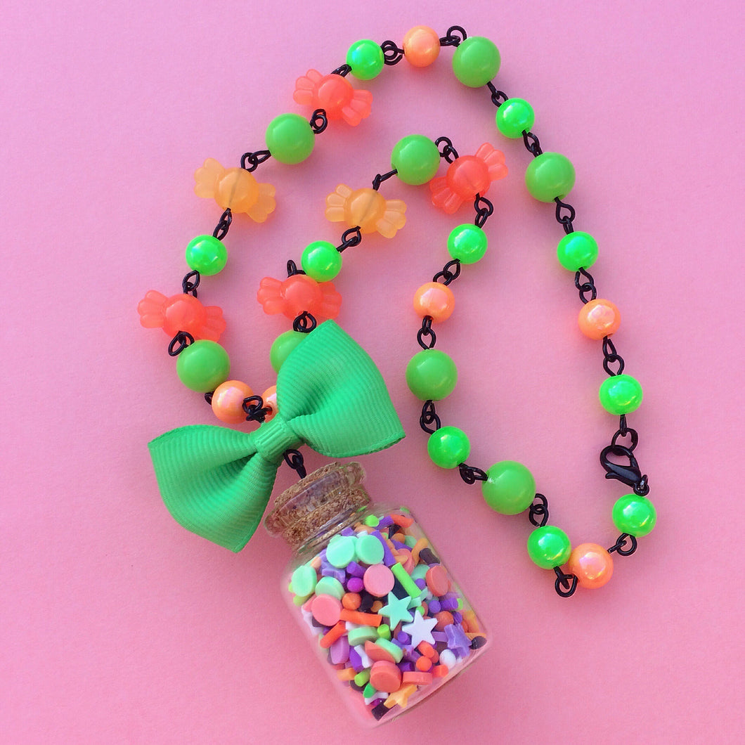 Halloween sprinkle jar charm necklace with bow