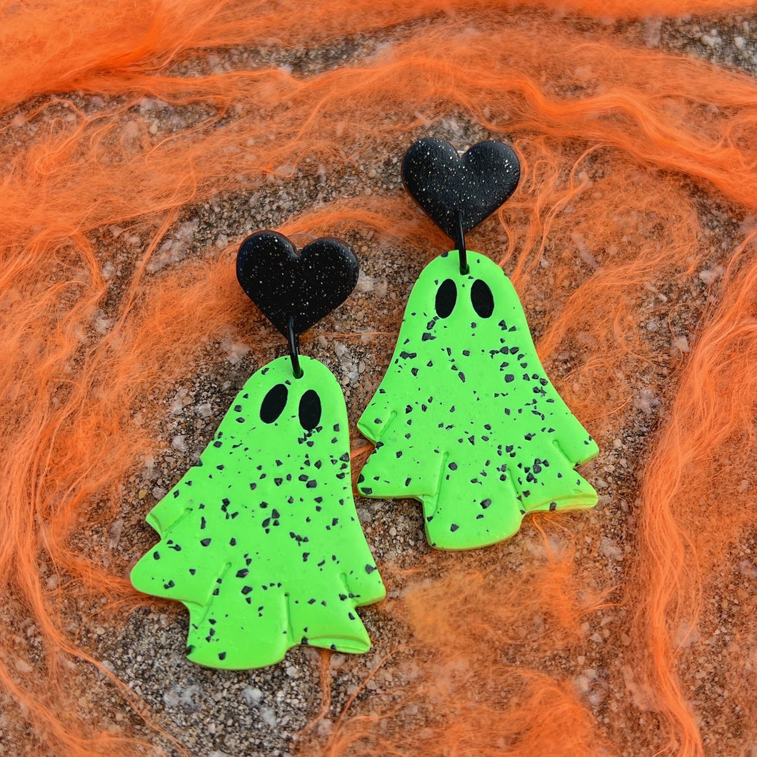 Black and green ghost Halloween polymer clay stud earrings