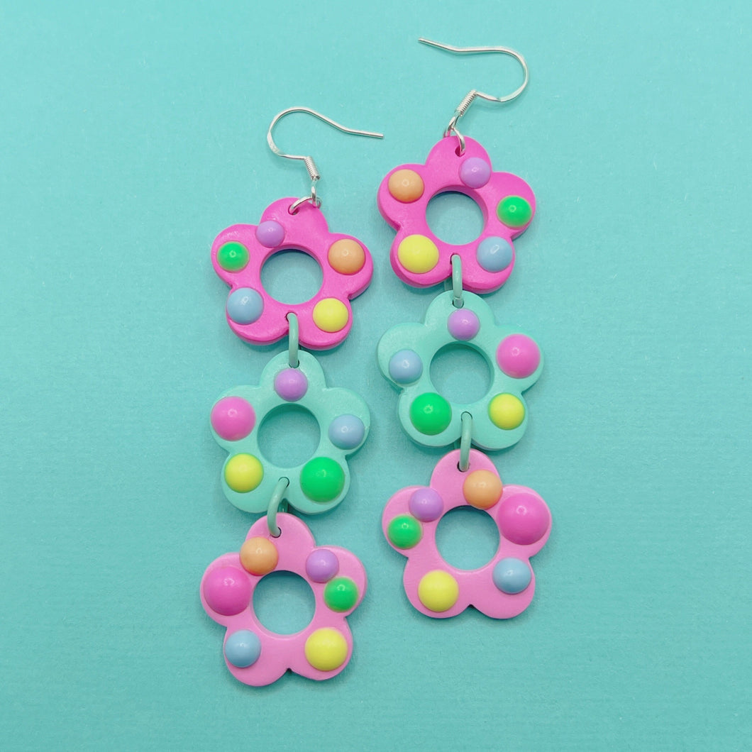 Rainbow spotted flower polymer clay earrings