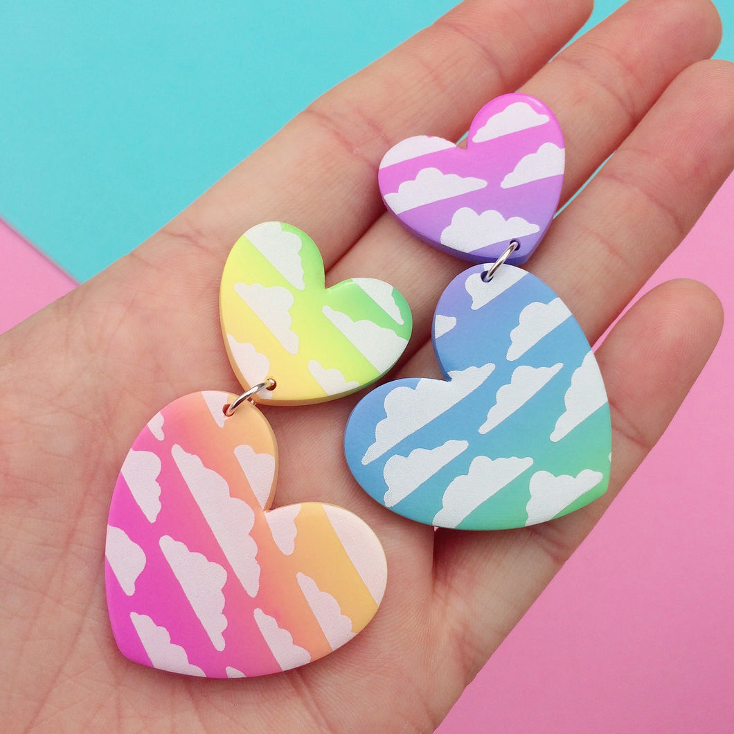 Rainbow ombré cloud print heart polymer clay stud earrings