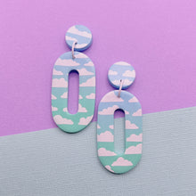 Load image into Gallery viewer, Blue and aqua ombré cloud print oval polymer clay stud earrings
