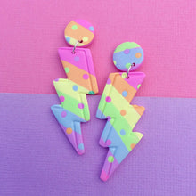 Load image into Gallery viewer, Rainbow polka dotted lightning bolt polymer clay stud earrings
