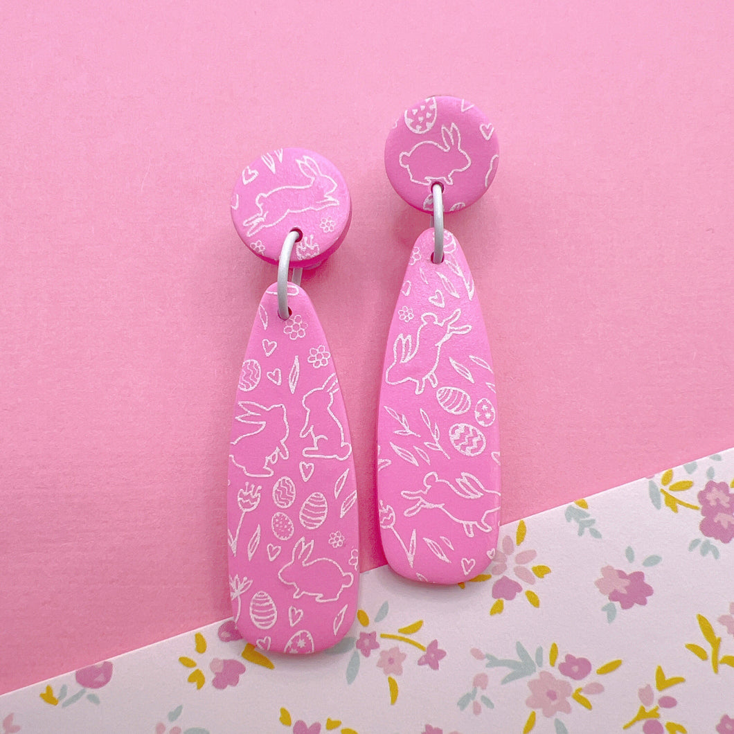 Pink and white bunny print teardrop polymer clay stud earrings