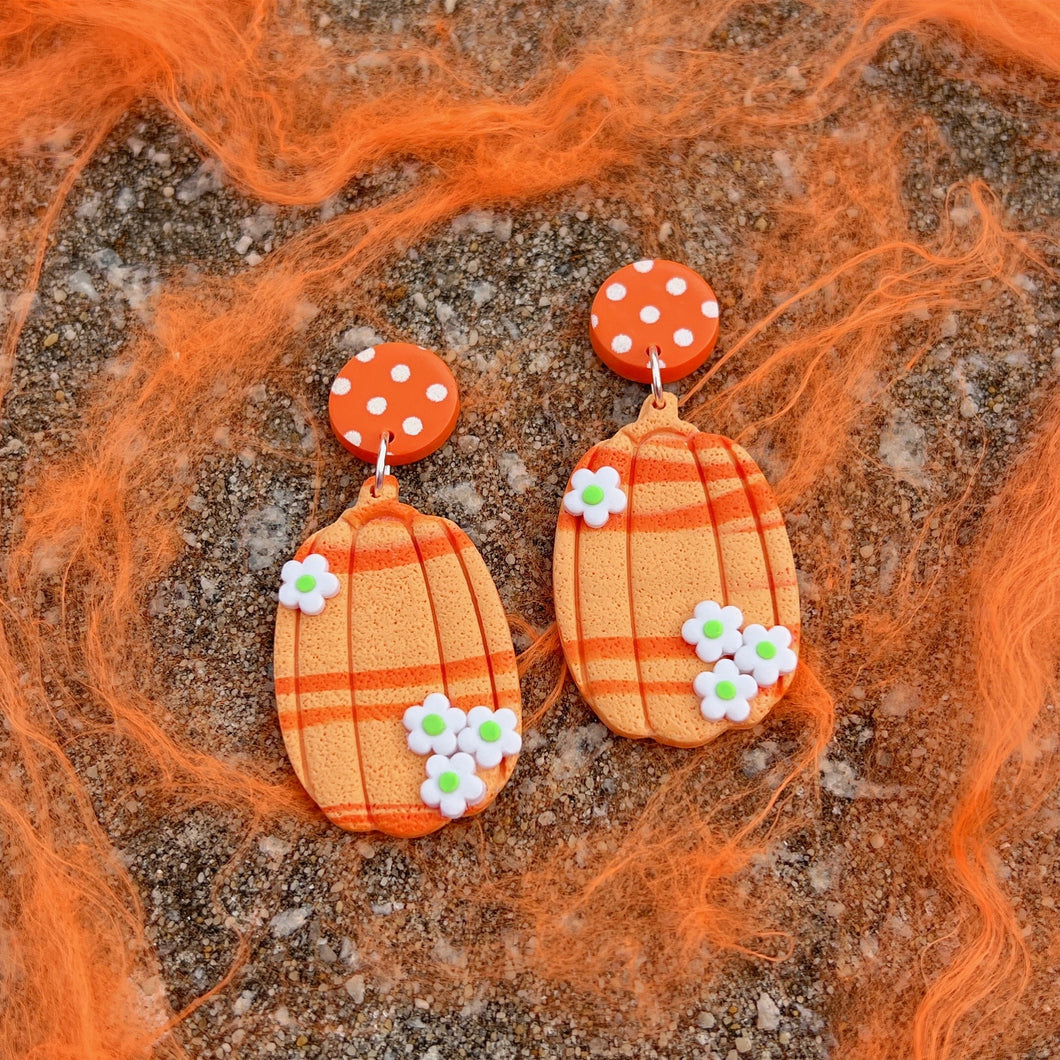 Orange floral halloween pumpkin polymer clay stud earrings