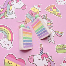 Load image into Gallery viewer, Rainbow cake slice polymer clay earrings

