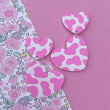 Load image into Gallery viewer, Pink and white cow print heart polymer clay stud earrings
